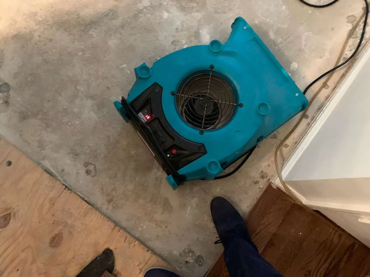 Air mover drying subfloor during Commercial Water Damage Restoration in Lebanon